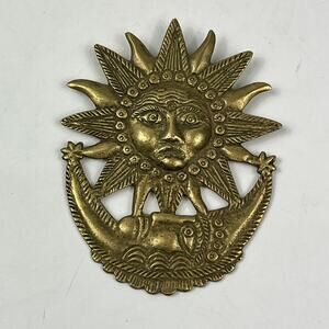 Vtg Peruvian Brass Sun Deity Statement Pendant 3" Hand Cast Andean Inca-Style